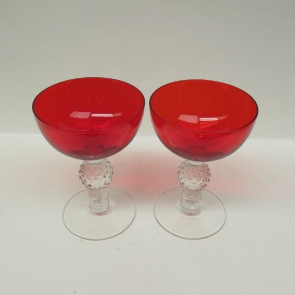 2 - Morgantown Glass Spanish Red Golf Ball Crystal Stem 4 7/8 Sherbet Champagnes - Picture 2 of 4